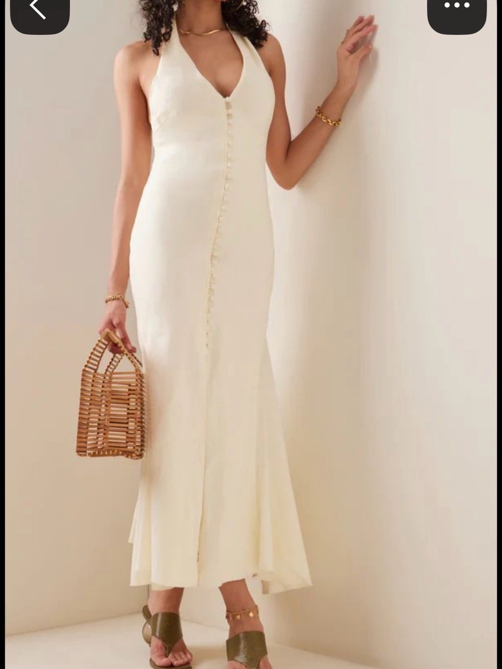cult gaia cream halter maxi dress with front button seam
